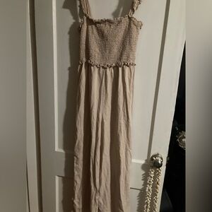 Love Tree large beige jumpsuit with ruching on bodice and ruffle straps